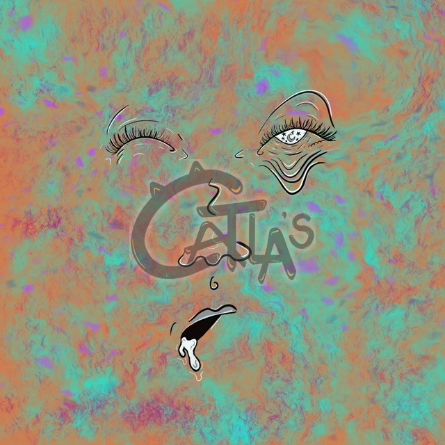 Digital face on teal and rust marble, one eye closed, tongue hanging from an open mouth
