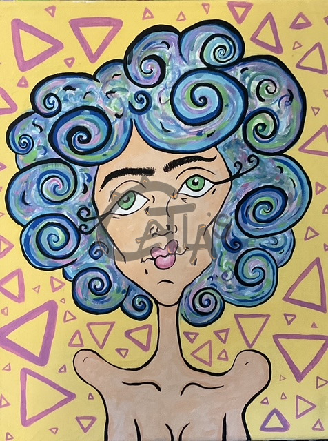 Portrait of a woman with swirling blue hair and green eyes on a yellow ground scattered with purple triangles