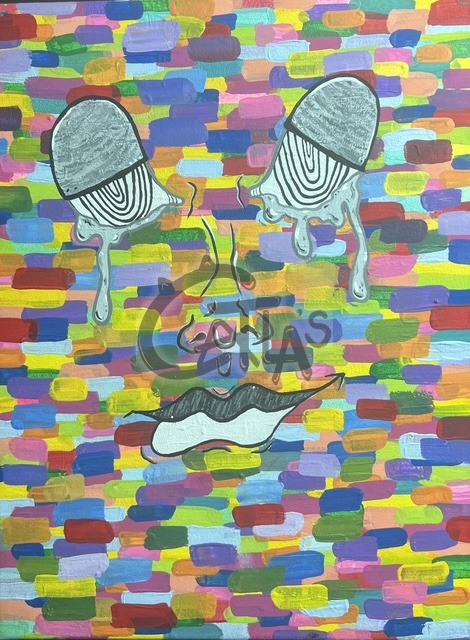 Acrylic face on a rainbow brick pattern with melting silver eyes and a mustached smile