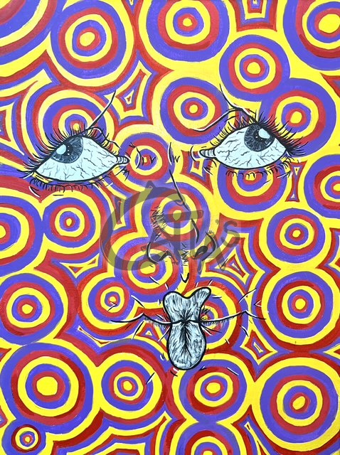 Acrylic face on yellow, red, and blue concentric circles with wide eyes and a fly-like mouth