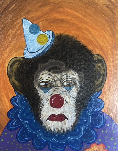 Painting of a chimpanzee in clown makeup with a party hat and blue ruff on an orange ground