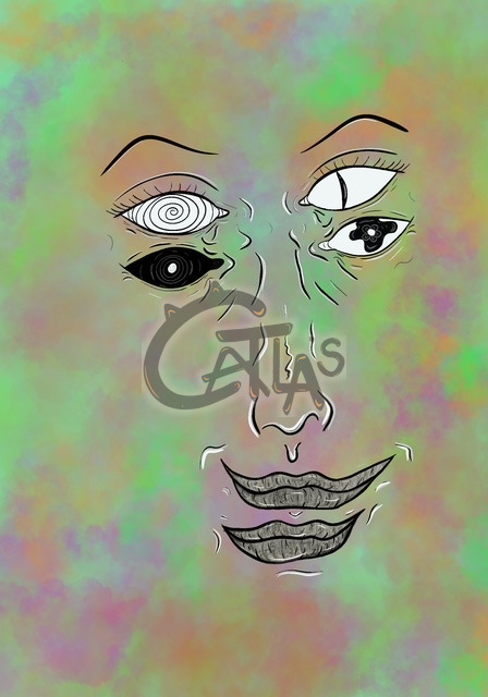 Digital face on a green haze with four mismatched eyes and two stacked mouths