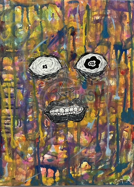 Acrylic face on dripping gold and violet with staring eyes and a gritted black-and-white mouth
