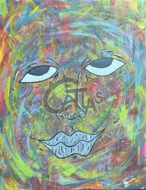 Acrylic face on a swirling green, red, and gold ground with half-lidded eyes and silver lips