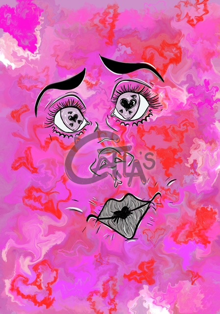 Digital face on pink and red marble with heart-shaped pupils and dark lips