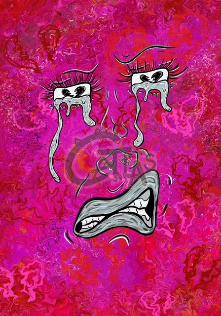Digital face on a magenta marble ground with dripping teary eyes and a wide screaming mouth