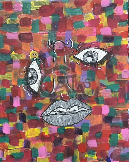 Acrylic face on a mosaic of red, green, yellow, and purple squares with offset eyes and silver lips
