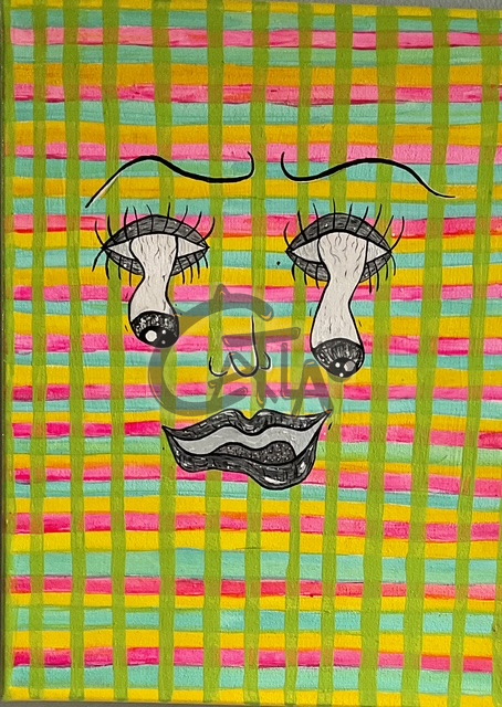 Acrylic face on a pink, yellow, and green plaid ground with teardrop pupils and dark lips