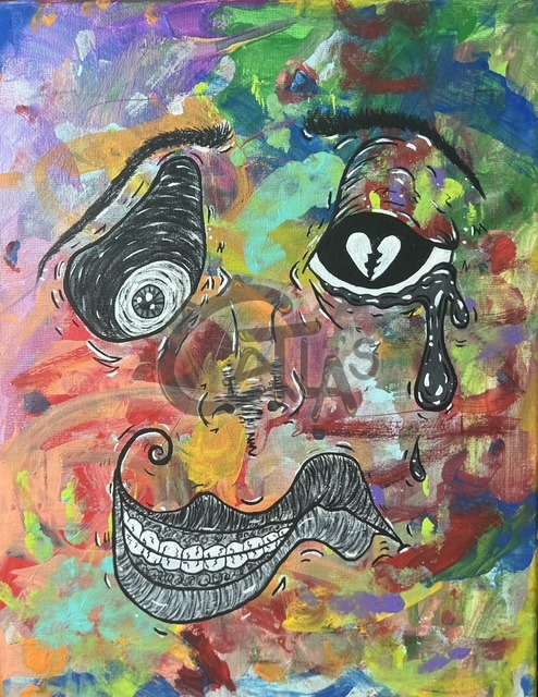 Acrylic face on a colorful abstract ground with a broken-heart pupil, a tear, and a wide toothy grin