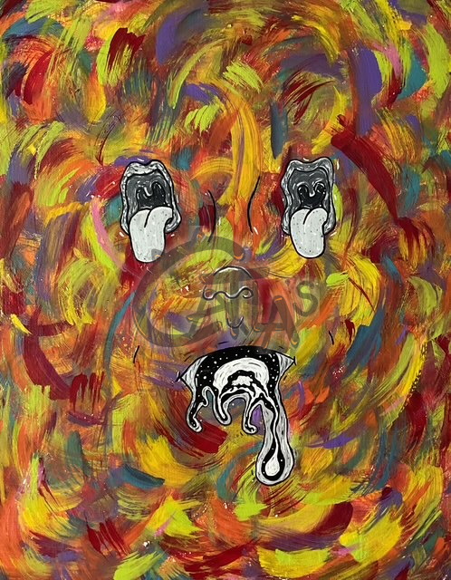 Acrylic face on a swirling field of red, yellow, and violet with melting eyes and a dripping mouth