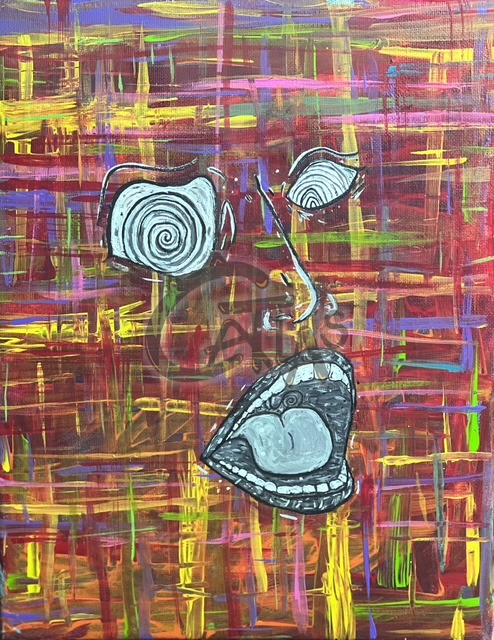 Acrylic face on a red and gold hash of brushstrokes with a spiral eye and an open screaming mouth