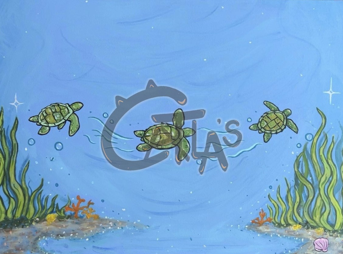 Painting of three green sea turtles swimming across a light blue sea with seaweed and coral