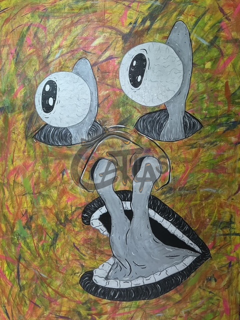 Acrylic face on a yellow scratched ground with googly eyes popping from sockets and a tongue out of an open mouth